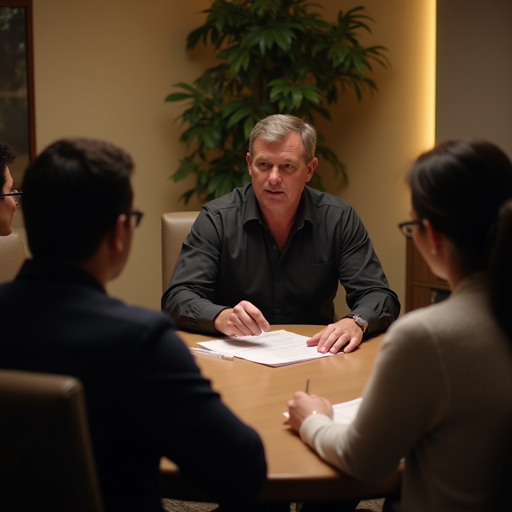 Facilitator leading a working session with supervisors around a table, guiding discussion on leadership scenarios