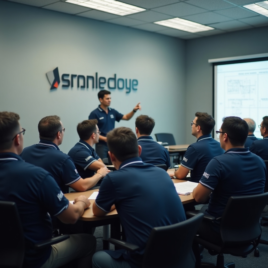 In-company training session with a team of supervisors from the same manufacturing plant gathered in a meeting room