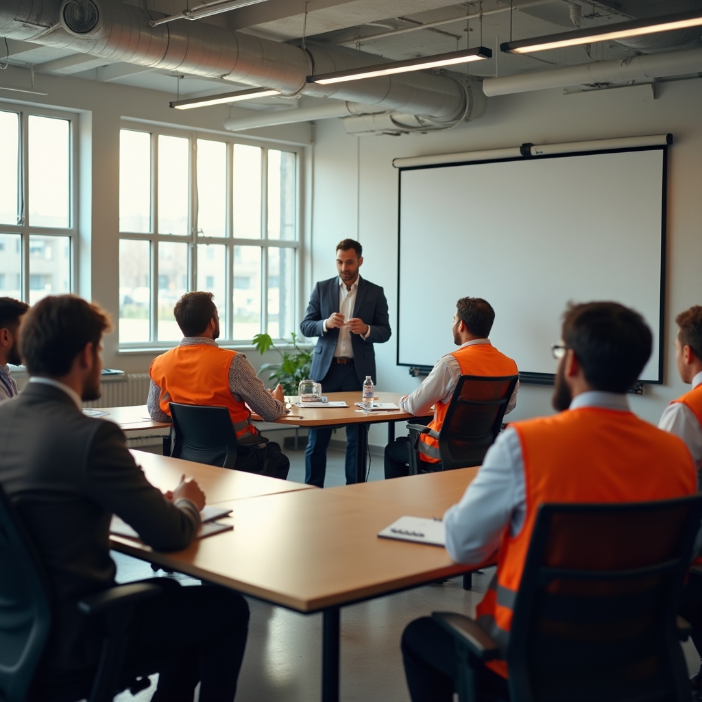 Open cohort session with supervisors from different companies seated around tables in a professional training room