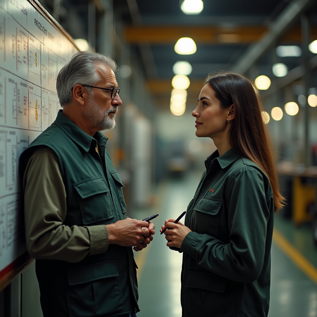 Experienced supervisor mentoring a newer team leader on the production floor, pointing at a process board